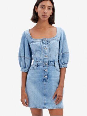 Jonathan Simkhai Poppy Puff Dress Light Wash Denim Mini Square Neck Buttons 2